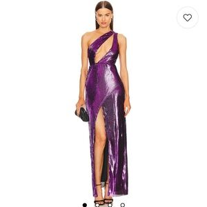 Michael Costello x Revolve One Shoulder Metallic Purple Dress